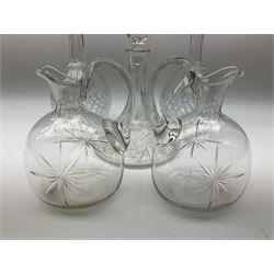Pair of cut glass decanters and stoppers, together with a cut glass ships decanter and stopper, and pair of claret jugs with star cut decoration to bodies, in one box, (5)