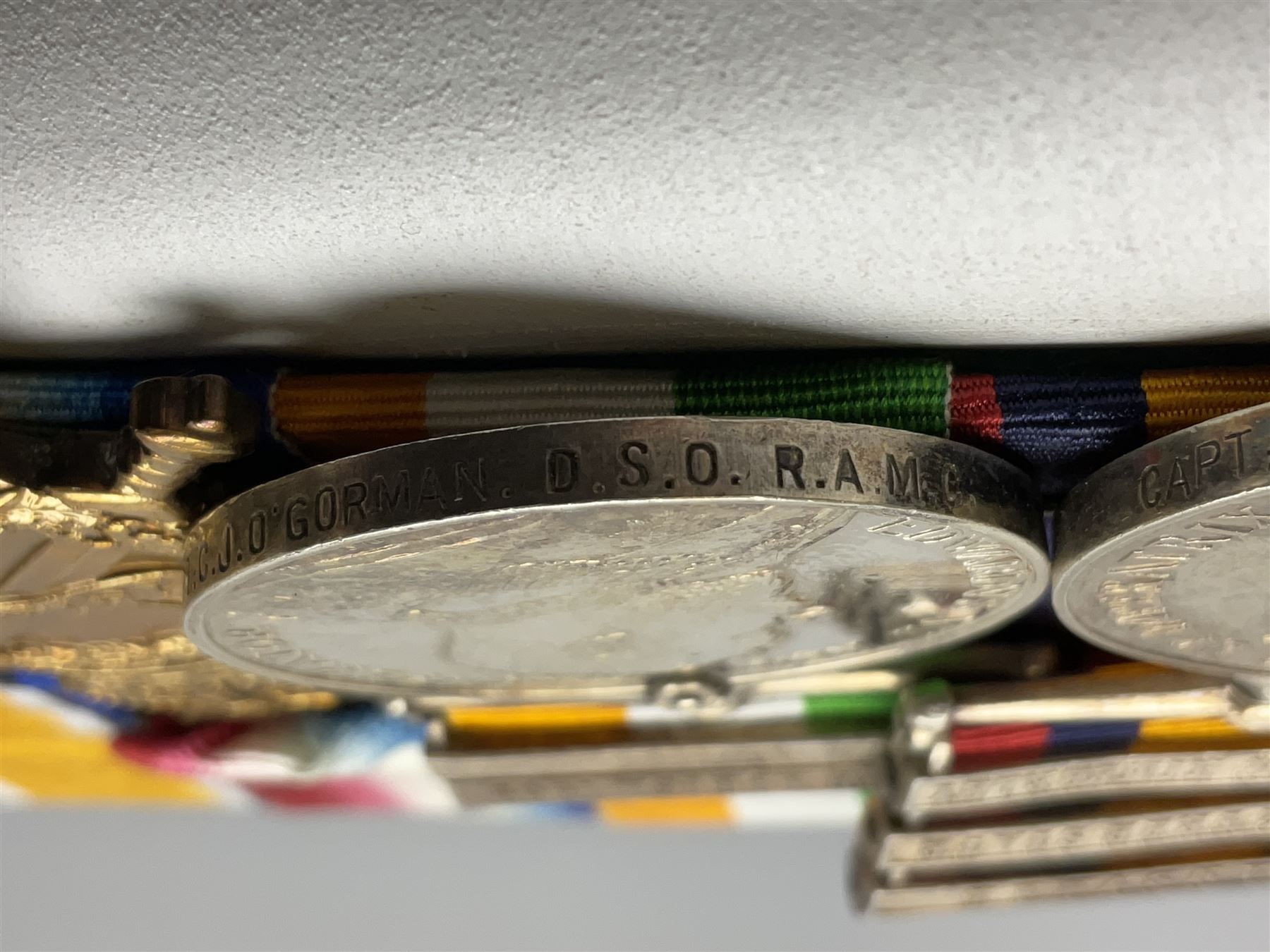 South Africa/WW1 Distinguished Service Order group of seven medals comprising D.S,O. with original ribbon bar and top bar slider, Queens South Africa Medal with three clasps for Defence of Kimberley, Orange Free State and Transvaal, Kings South Africa Medal with two clasps for South Africa 1901 & 1902 awarded to Capt. C.J. O'Gorman D.S.O. R.A.M.C., 1914-15 Star, British War Medal and Victory Medal with MID oak leaves awarded to Major (later Lt. Col.) C.J. O'Gorman D.S.O. R.A.M.C. and Kimberley Star 1899-1900; together with copies of research and biographical material