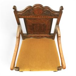 18th century inlaid mahogany armchair, carved back with marquetry panel, overstuffed upholstered seat finished in gold dralon fabric, raised on turned supports united by a stretcher