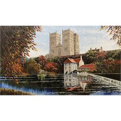 Dallas K Taylor (British 1941-2011): Durham Cathedral from the River, oil on canvas board signed 45cm x 76cm 
