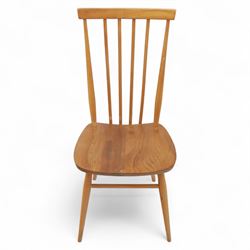 Ercol - Pair of high back Windsor kitchen chairs, elm seats with beech stick backs and legs, shaped saddle seats and turned stretchers