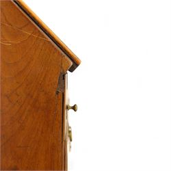 18th century walnut and herringbone banded bureau, the fall front enclosing a stepped and arched interior fitted with pigeonholes, drawers and concealed compartments, green tooled leather writing surface, over two short and three long graduated drawers with brass escutcheons and bail handles, shaped bracket feet