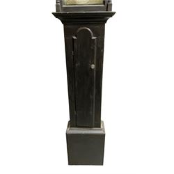 William Coulton of York - 18th century 30-hour ebonised longcase clock, with a flat pediment, broad cornice and plain frieze beneath,, square hood door with attached pillars, long break arch trunk door and rectangular plinth,  matted dial centre with curved date aperture and cast spandrels, chapter ring with Roman numerals, five minute Arabic's, minute and inner quarter hour tracks, count wheel striking movement striking the hours on a bell. With pendulum and weight.
