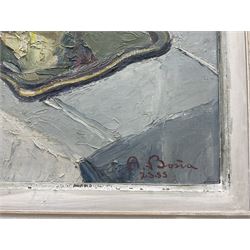 Agostino Bosia (Italian 1886-1962): Still Life of Pansies and Flowers in a Vase, oil on board signed and dated '55, 48cm x 38cm