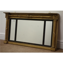  Regency overmantle mirror, three plates with reeded ebonised slips, moulded frame, W96cm, H51cm, D10cm  