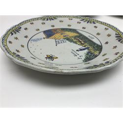 Four French Faience plates, comprising Je suis las de le porter, Le malheur nous reunit, Je desire y arriver and Eveque de Meaux, D24cm  