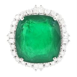 18ct white gold emerald and diamond cluster ring, single cushion cut emerald of approx 13....