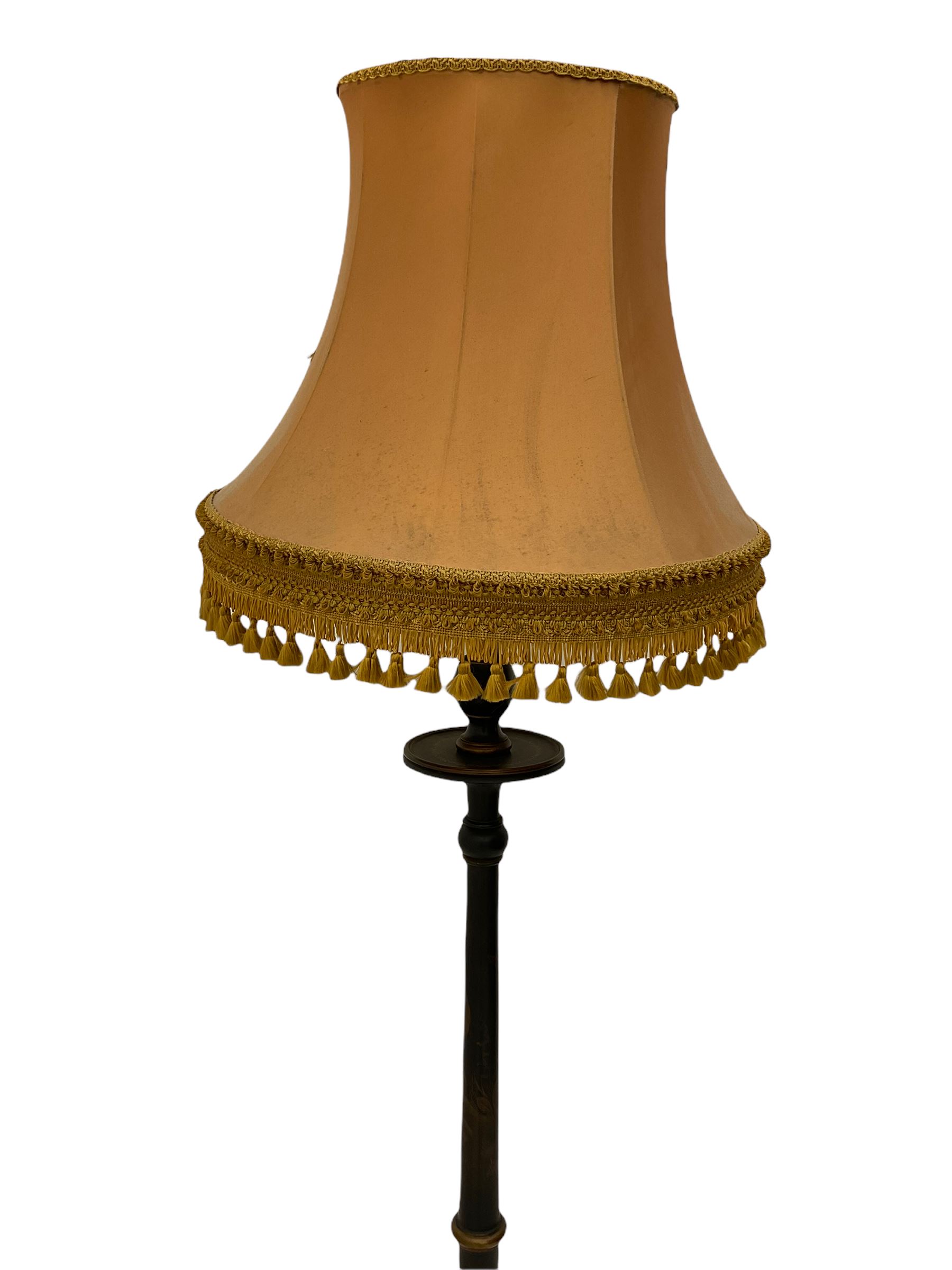 Late 20th century chinoiserie standard lamp, the circular base decorated with raised gilt figural scenes, H153cm (measurement excluding shade and fitting)