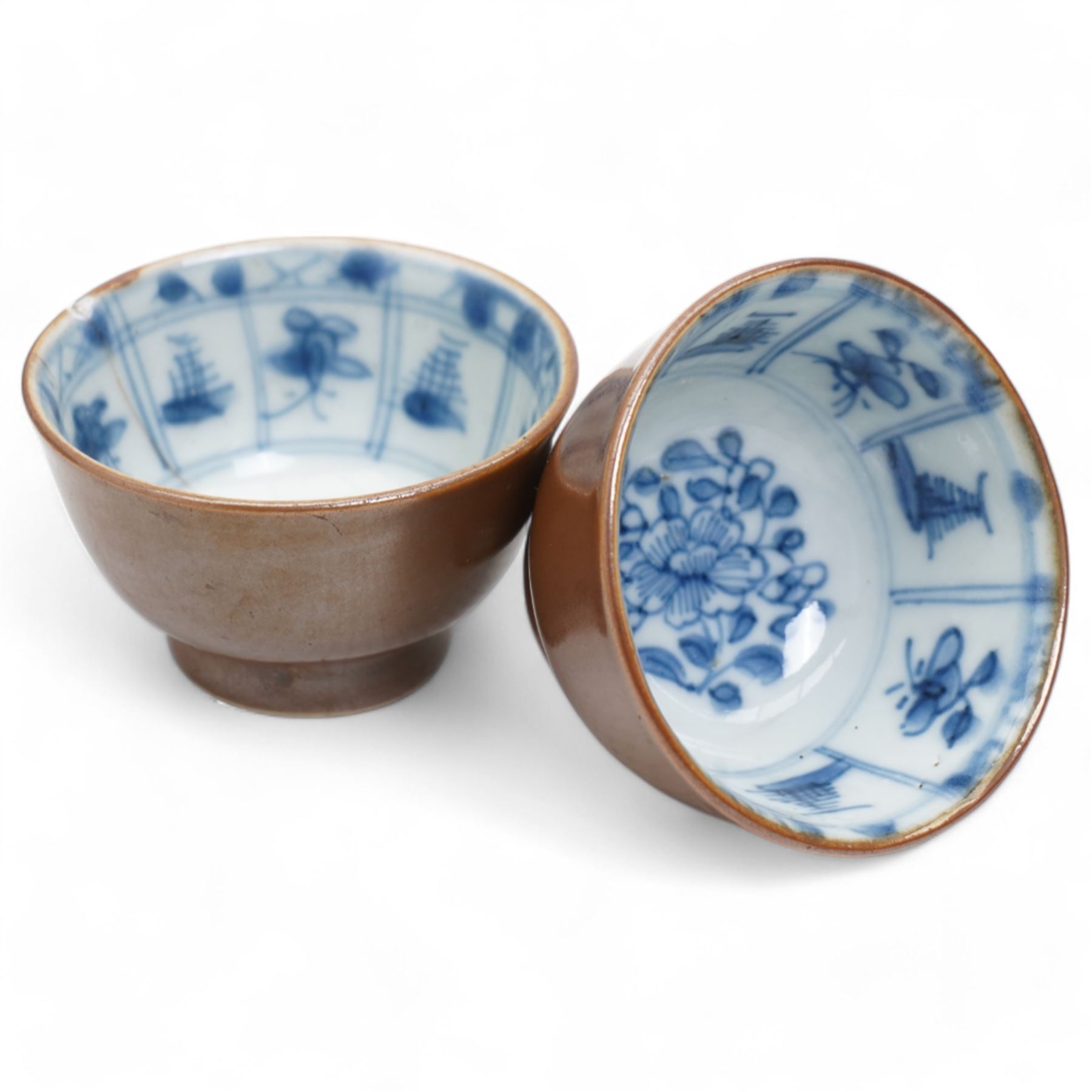 Small 18th century Chinese tea bowl and saucer decorated with ducks in flight and on a river bank, early 19th century Chinese tea pot decorated with landscapes, three small bowls and other Chinese items