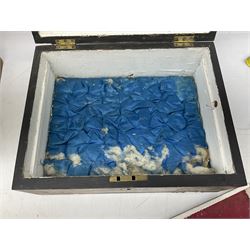 Victorian walnut box with Tunbridge ware banding and mother-of-pearl inlay, W29.5cm H14cm, together with first aid kit box and Group of early 20th century ornate gold plated (tested) and gilt brooch frames and panel fronts