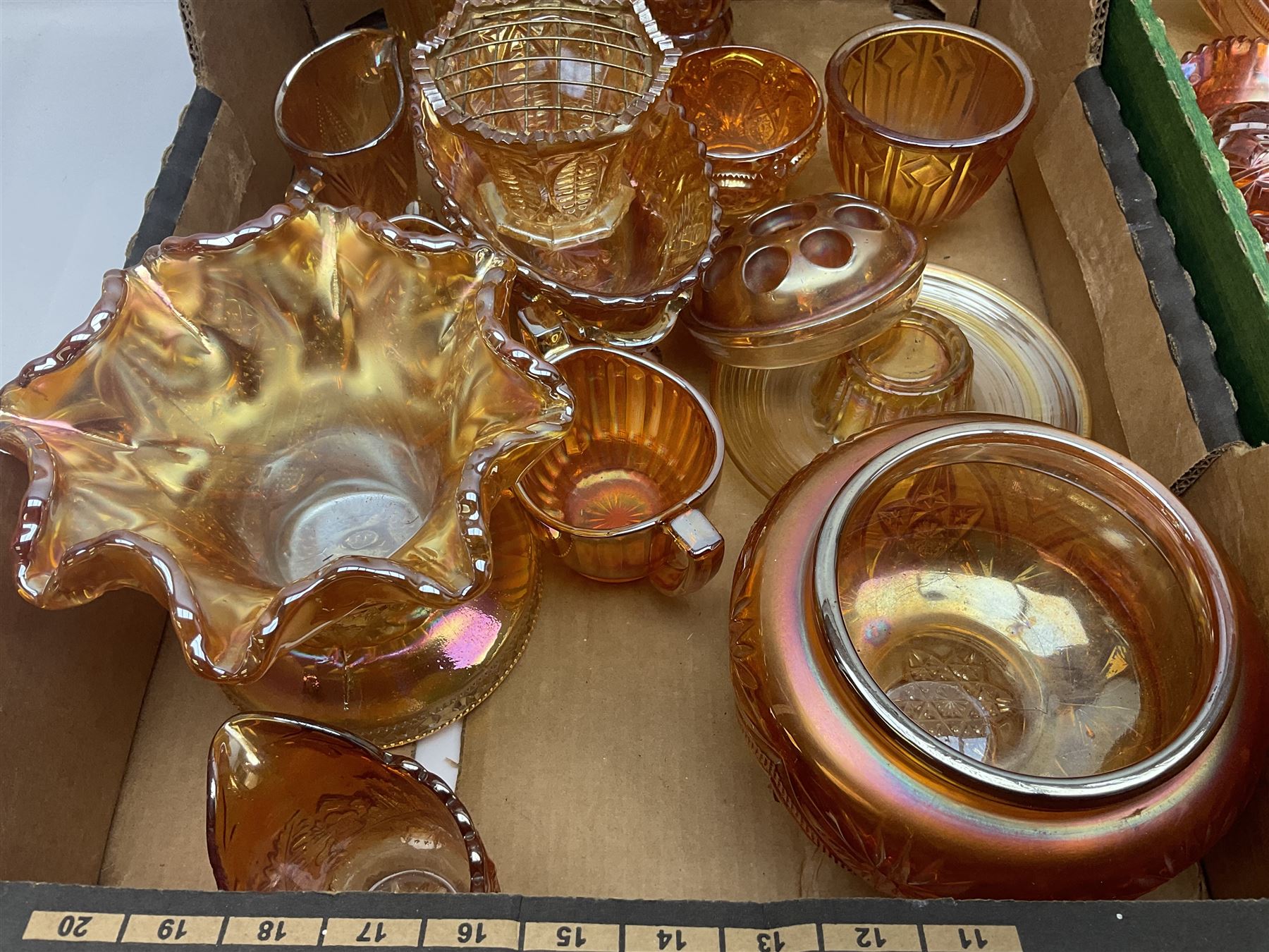 Collection of orange carnival glass, including jugs, dishes, vases etc, in two boxes 