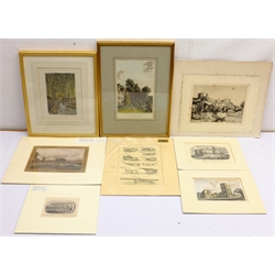 Collection of mostly 19th century engravings and lithographs including 'A Row in the Play Ground' after John 'HB' Doyle, 'St Edmund's Hall' Oxford after Pugin, 'Sandsend', 'King's Chapel', an etching of Richmond by Margaret Rudge and a print after Heath Robinson, max 28cm x 36cm (9) (some unframed)