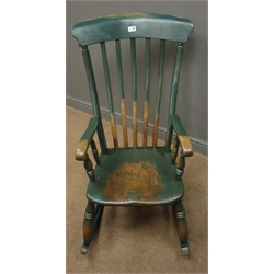  19th century elm and beech farmhouse rocking armchair, dark green finish, turned supports, double 'H' stretcher  