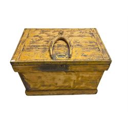 19th century scumbled pine horse tack storage box with yoke atop lid, and 'horse' inscribed on front