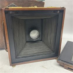 Sanderson Koilos folding plate camera in mahogany and lacquered brass, with 'Ensign Anastigmat Series IV No 2' lens, serial no 173998, with original leather case