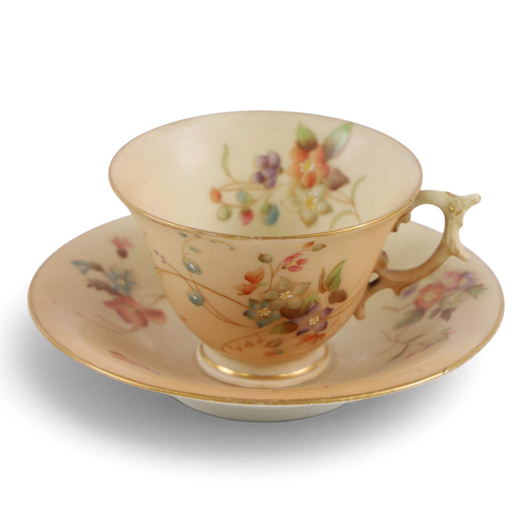 Royal Worcester blush ivory, including miniature teapot, two miniature tygs, two teacups and saucer and three miniature plates, teapot H8cm