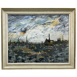 Maggie Taylor (British 1962-): Northern British Industrial Cityscape, oil on board signed 29cm x 37cm
