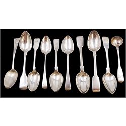 Collection of early 19th century silver spoons, comprising pair of Fiddle pattern teaspoons, hallmarked Jonathan Hayne, London 1832, together with three Old English pattern examples, four other Fiddle pattern teaspoons and a mustard spoon, all hallmarked, with varying maker's including William Bateman and Samuel Hayne & Dudley Cater, dated between 1822 and 1836
