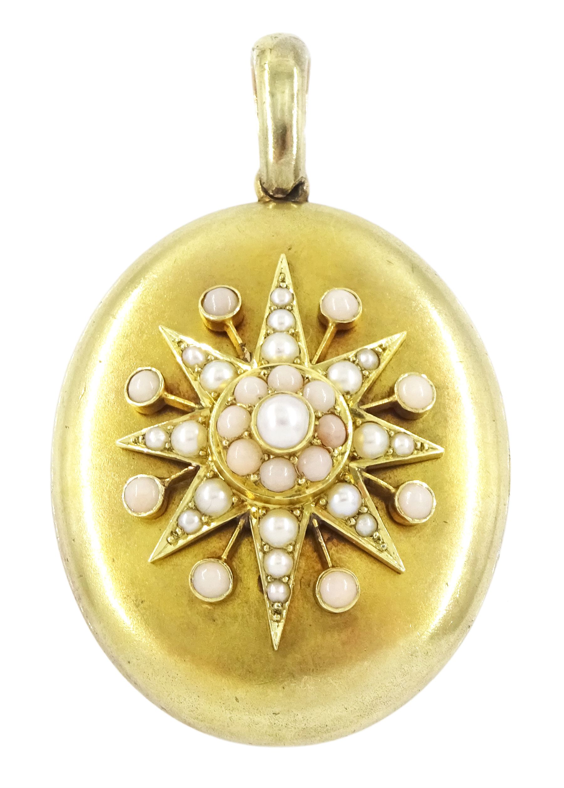Victorian 15ct gold locket pendant, the centre with applied pearl and coral decoration, stamped 15