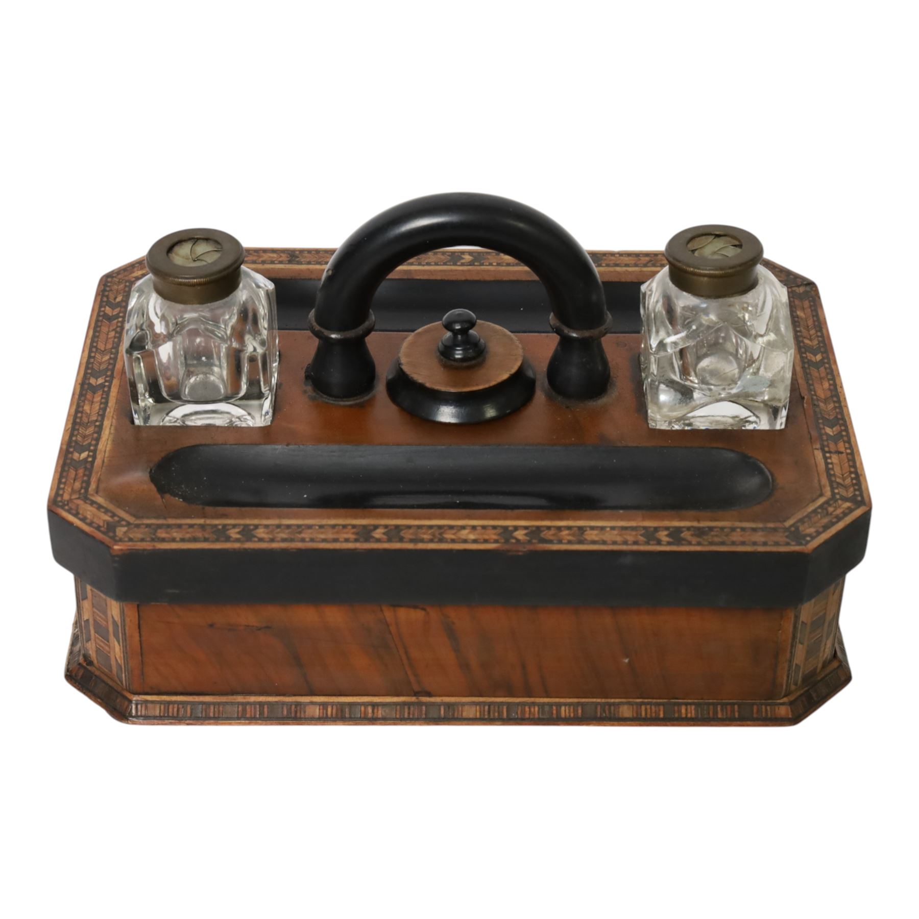 Tunbridge desk stand, with ebonised handle, twin inkwells with Thomas Morton 'The Maze' closing lids, with draw to the front 