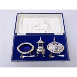  Shop stock: three piece silver-plated condiment set, gadroon borders on four lion paw feet by Laurence R. Watson & Co. cased   