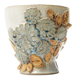 Bernard Rooke (b1938) - Stoneware vase decorated with a raised pattern of flower heads and leaves H18cm x D19cm with the paper label of The Mill Gallery, Swilland, Ipswich and inscribed 'B R'