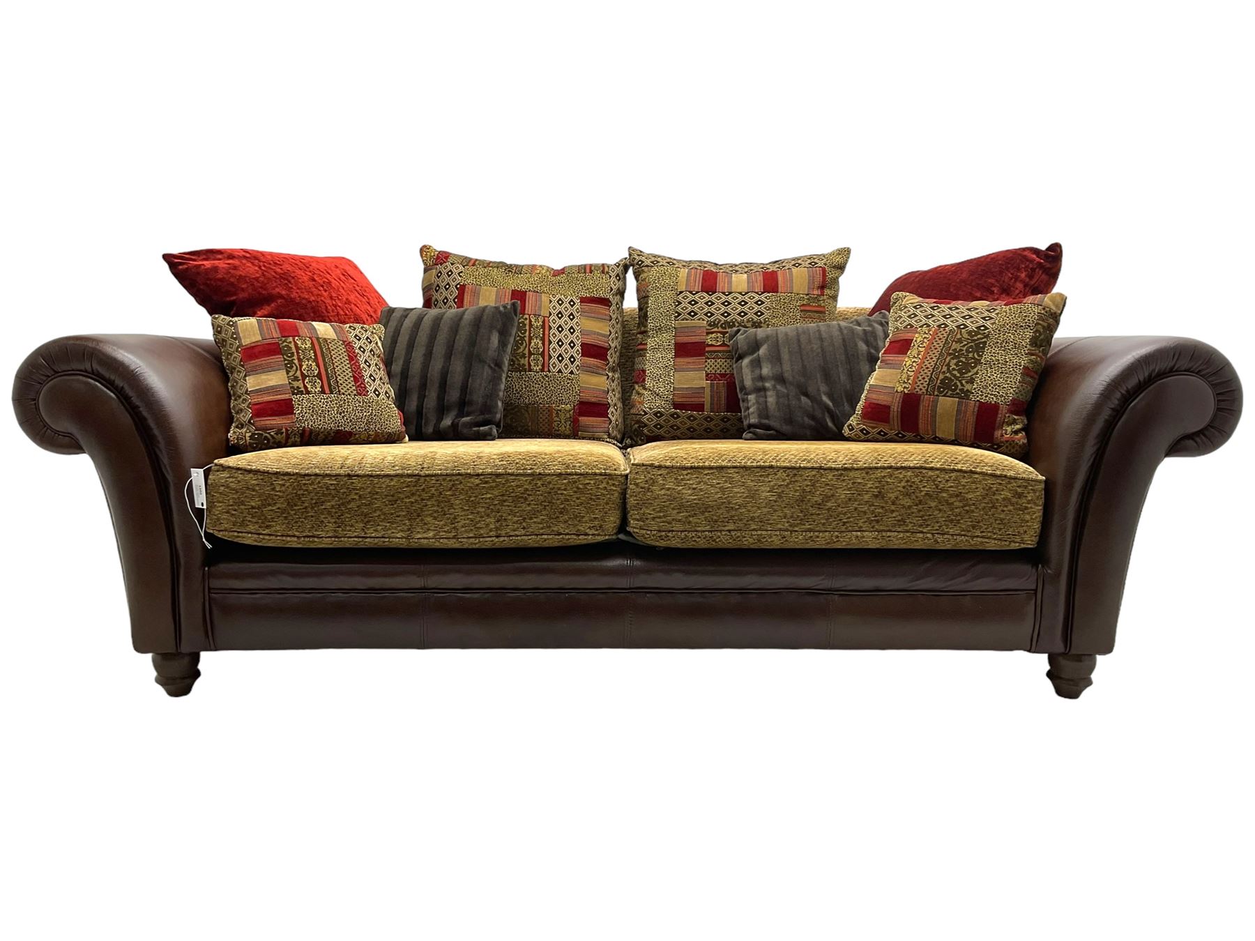 DFS - 'Perez' three-seat sofa (W222cm, H90cm, D105cm); and matching two-seat sofa (W188cm); upholstered in stitched brown fabric with patterned contrasting fabric cushions