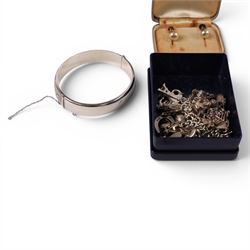 Silver charm bracelet, bangle and locket, 9ct gold back and front heart locket and a collection of costume jewellery