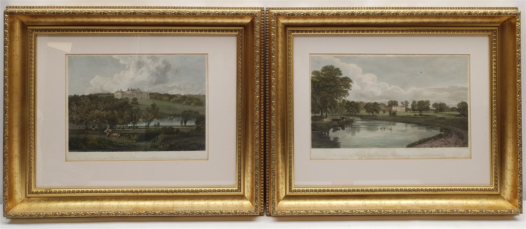 John Scott (British 1774-1827) after JMW Turner (1775-1851): Harewood House, hand-coloured engraving pub. 1816; 'The Queen's Visit to Leeds', hand-coloured engraving pub. Illustrated London News, 1858; and a further hand-coloured engraving of Harewood House, max 36cm x 54cm (3)