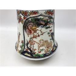 Early 20th Century Chinese vase of high shouldered form, decorated with Dragon and Tiger pattern in relief, and further decorated with coloured enamels and gilt depicting figures, blossoming trees and branches, with six character mark to base, H30cm