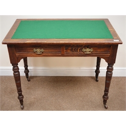  Edwardian ash desk, baize inset moulded top, two drawers, turned supports (W92cm, H73cm, D54cm) and a smokers bow style armchair, upholstered seat, turned supports (W67cm) (2)  