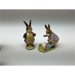 Fifteen Beswick Beatrix Potter figures, comprising Tommy Brock, The Old Woman who live in a Shoe, Samuel Whiskers, Foxy Whiskered Gentleman, Old Mr Brown, Mr Benjamin Bunny and Peter Rabbit, Tailor of Gloucester, Goody Tiptoes, Mr Benjamin Bunny, Diggory Diggory Delvet, Jemima Puddleduck, Aunt Pettitoes, Hunca Munca, Rebeccah Puddle-Duck, and Lady Mouse. 