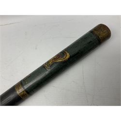 George III black painted turned oak truncheon of plain tapering form the head decorated in polychrome and gilt with a crown G III R No.3 and the motto 'Deu(sic) Et Mon Droit' L55cm