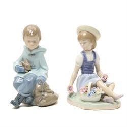 Four Lladro figures and two Nao examples, including Cinderalla, girls picking flowers, girl sewing, etc (6)