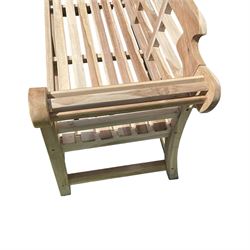 Lutyens design teak garden bench, shaped back over strap seat and scrolled arms