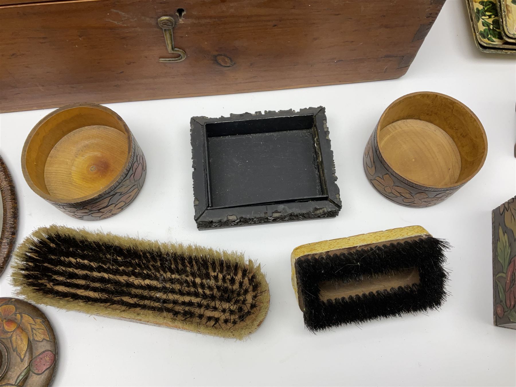 Folk art style dressing table set to include tray, mirror, brush etc, together with pair of wooden tulip vases, large wooden box etc 