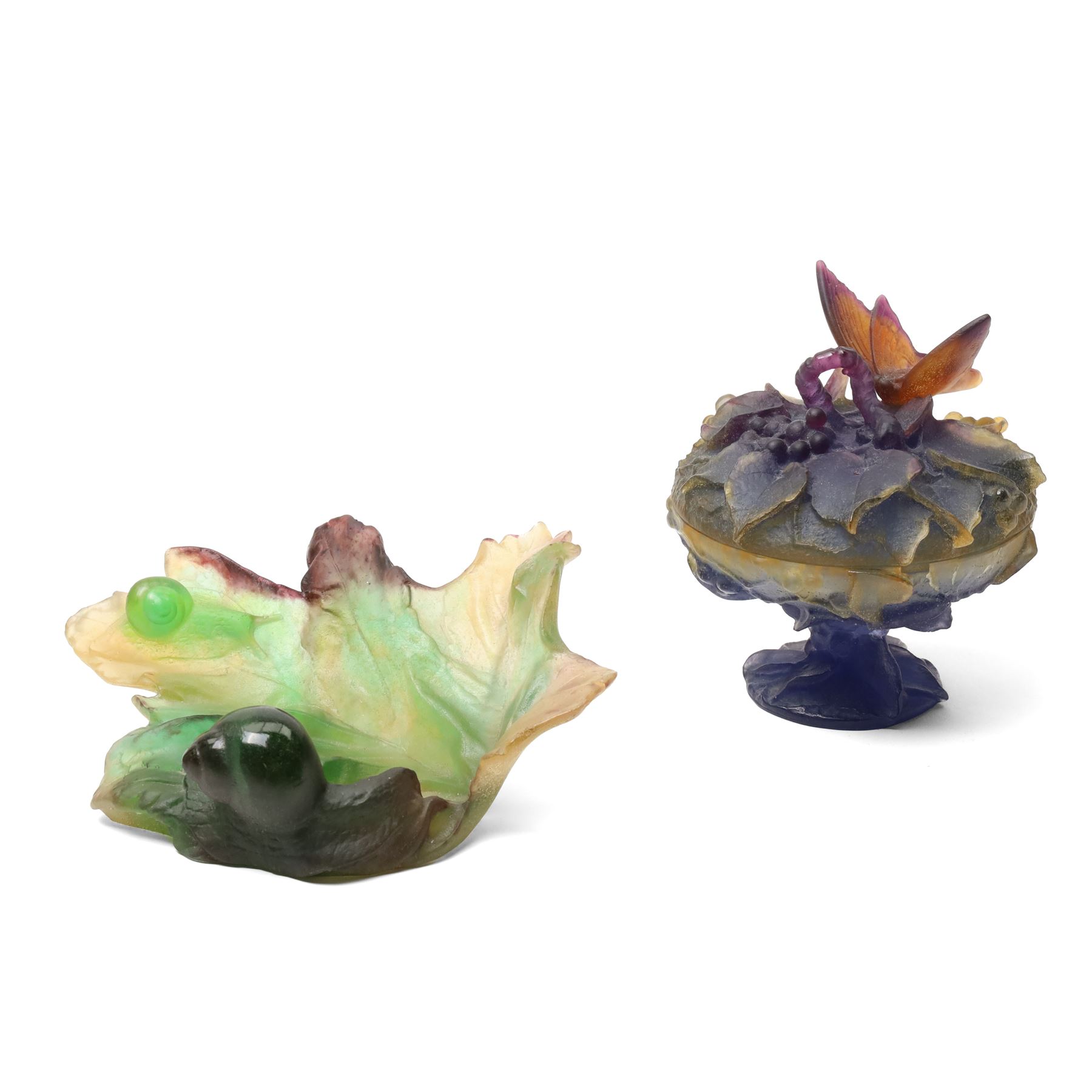 Two Daum Pate de Verre dishes, one with cover, naturalistically formed and decorated with insects and fruit in relief, each etched Daum France to base, both boxed, covered dish H14cm (2)