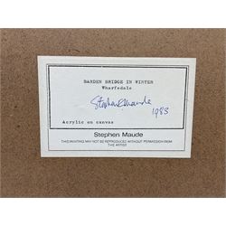 Stephen Maude (British 1919-): 'Barden Bridge Wharfedale in Winter', acrylic on canvas board signed, titled signed and dated 1983, 42cm x 67cm