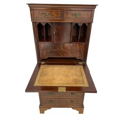 Shaw of London - mahogany secretaire chest, the upper section fitted with two drawers over fall front enclosing drawers, cupboard and pigeon holes, the lower section fitted with four graduating drawers, on bracket feet