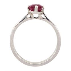 Platinum ruby ring, four claw set with a single oval cut ruby of approx 1.00 carat hallmarked