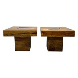 Pair of contemporary hardwood occasional tables, square tops with central recessed acrylic panels, on block pedestal bases