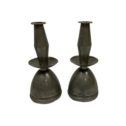 Pair 18th/19th century pewter candlesticks engraved with crest, mid drip pan on domed base, London touch marks to base, H24cm