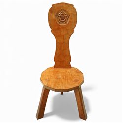 Gnomeman - oak spinning chair, shaped adzed back with carving of a Yorkshire rose, adzed seat with wedged through tenons, on square chamfered supports, signature carved Gnome by Thomas Whittaker of Littlebeck