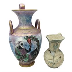 Replica ancient Greek hydria jug, of baluster form, decorated with figures, birds, fruits and foliage on mottled blue and purple ground with gilt key fret banding, with label reading 'Nachbildung Der Klassischen Periode 550-450 v Chr' and tag, together with further jug, largest H27cm