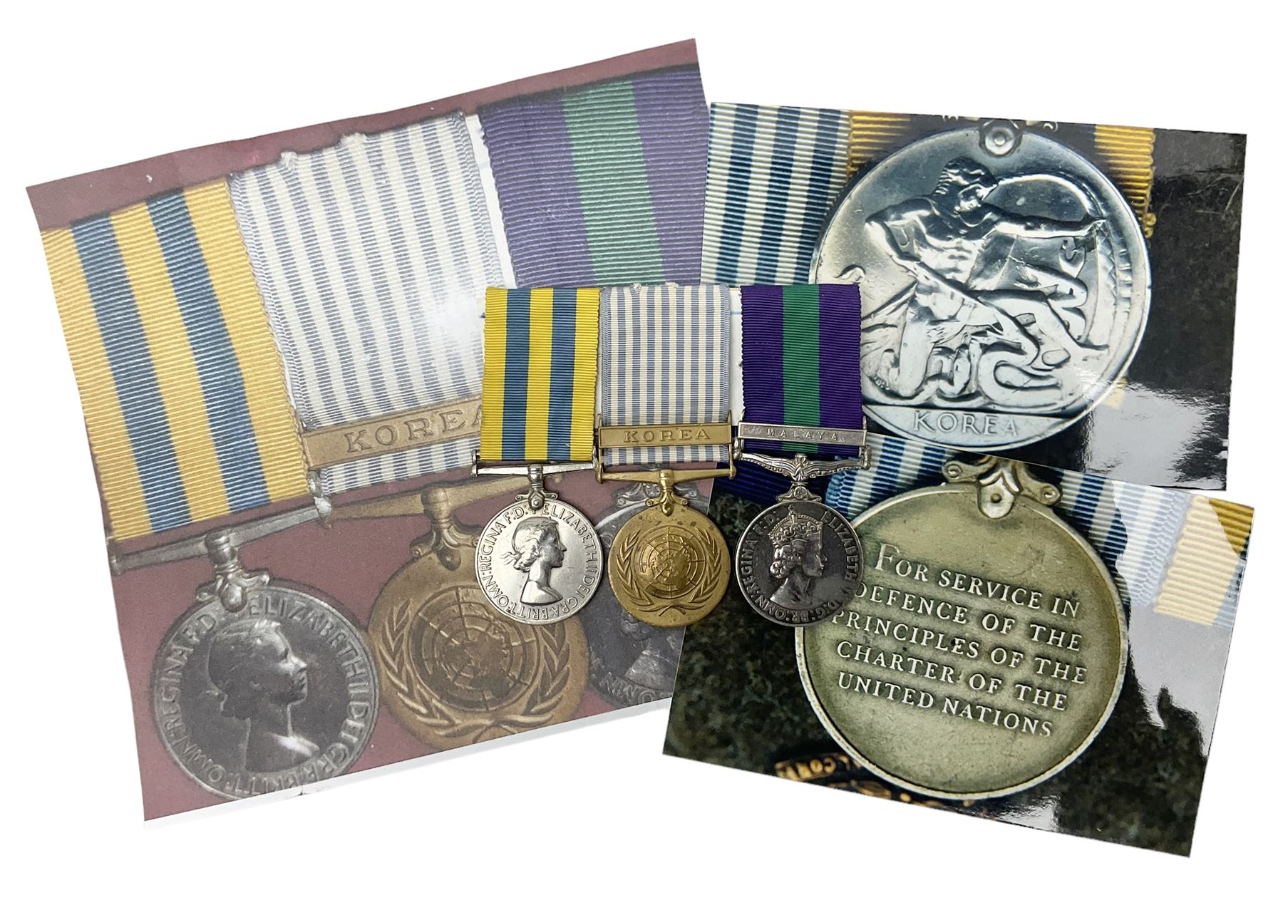 Korean War group of three medals comprising ERII Korea Medal awarded to 22307852 Pte. M. McGill R.A.M.C., UN Korea Medal and ERII General Service Medal with Malaya clasp to 22307852 Cpl. M. McGill R.A.M.C.