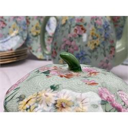Shelley Melody pattern tea service for six, to include teapot, teapot stand, hot water jug, milk jug, covered sucrier, teacups and saucers, cake plates etc (31)