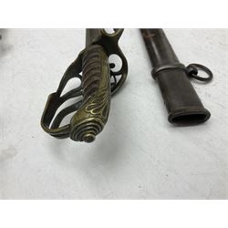 19th century Imperial German army heavy cavalry officers sword by Schnitzler and Kirschbaum, with 89cm single fullered steel blade and sheet steel basket hilt with teardrop cut-out and wire-bound leather grip L107.5cm overall; in steel scabbard with two suspension rings; and British Army 1822 Pattern Infantry Officer's sword in associated scabbard (2)