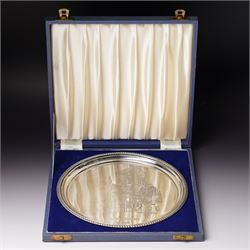 Silver circular York Minster salver with gadrooned border engraved with a view of the Mins...