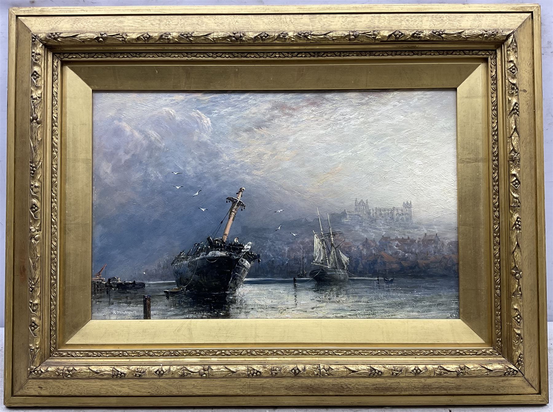 Richard Weatherill (British 1844-1913): Ships at Anchor in Whitby Harbour, oil on board signed 28cm x 45cm