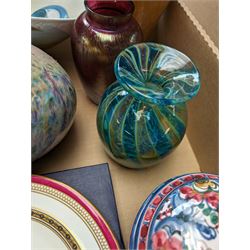 Poole pottery vase, Mdina glass vase and a collection of other glassware and ceramics, in two boxes 